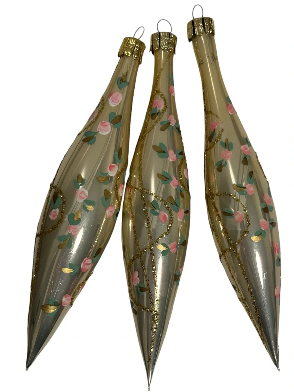 Vintage Tear Drop Floral Gold Tone Christmas Ornaments Made in Czech Republic
